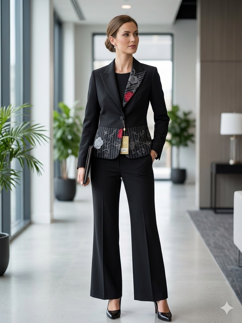 Black Blazer/Wide-Leg Pants Set with Floral‎ Accent Wool Blend Lined Pants Suit